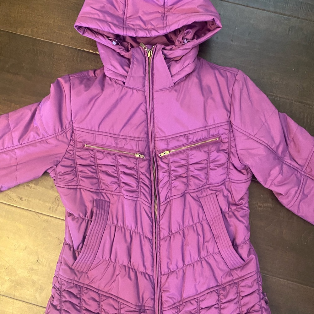 purple fitted lightweight puffer jacket coat
